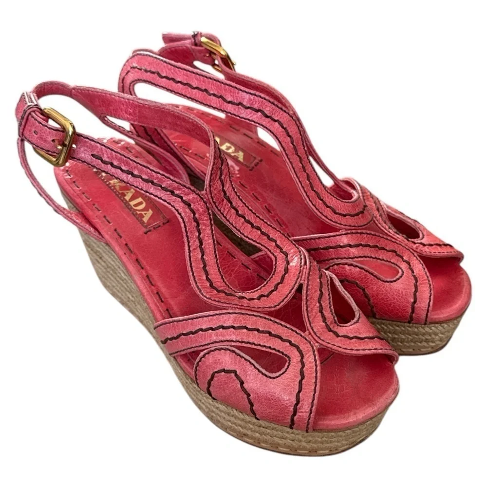 EUC - Prada Women's Pink Wedge Sandal Espadrilles - size 37.5/US7.5